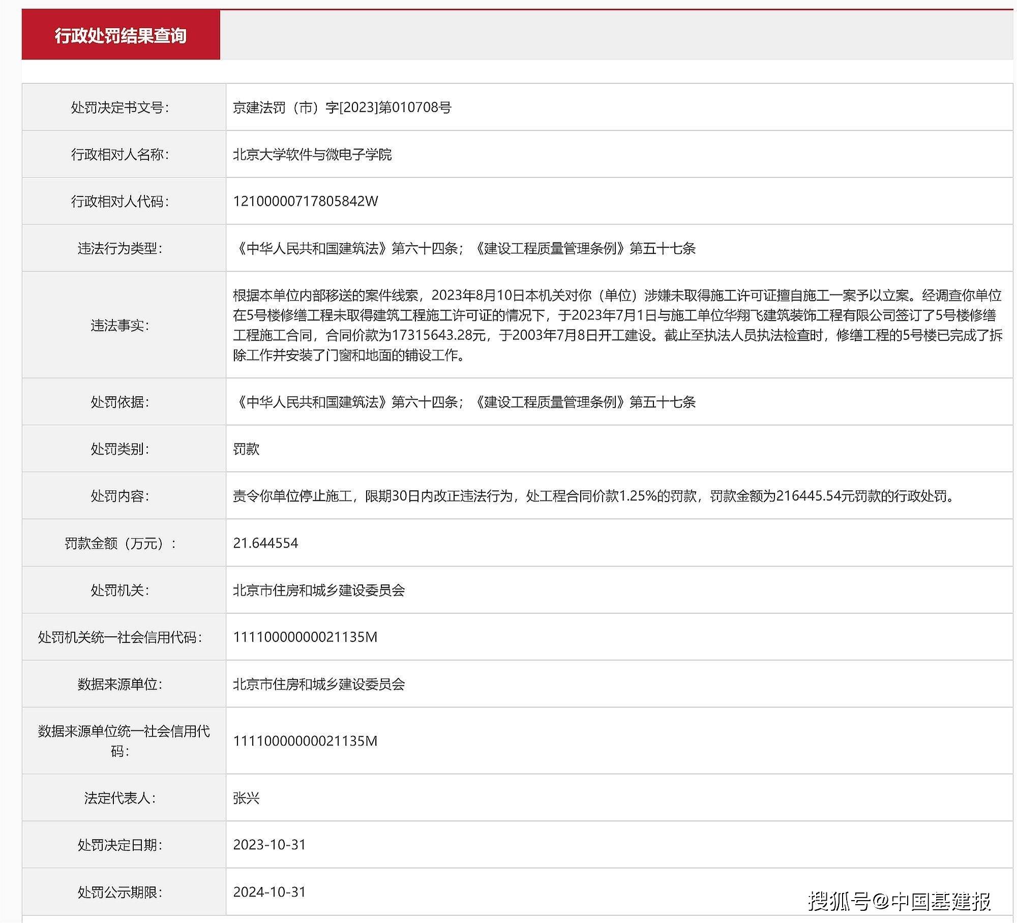 北京大学:未取得许可证擅自施工北京大学，北京大学软件与微电子学院被罚21万余元