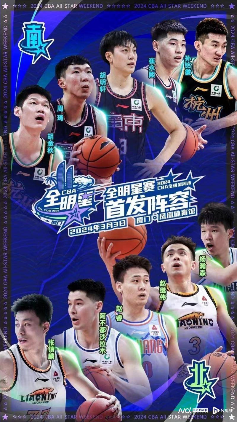 CBA:CBA2024全明星首发阵容揭晓CBA，胡明轩赵睿当选南北票王