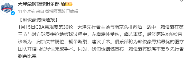 CBA:正式官宣！CBA名将遭遇韧带断裂重伤CBA，提前赛季报销